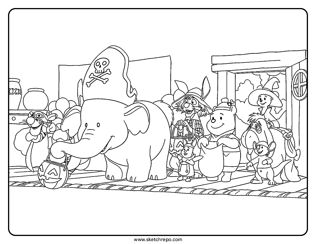 Winnie The Pooh Halloween coloring sheet printable shows our characters inside the house ready to get candy.