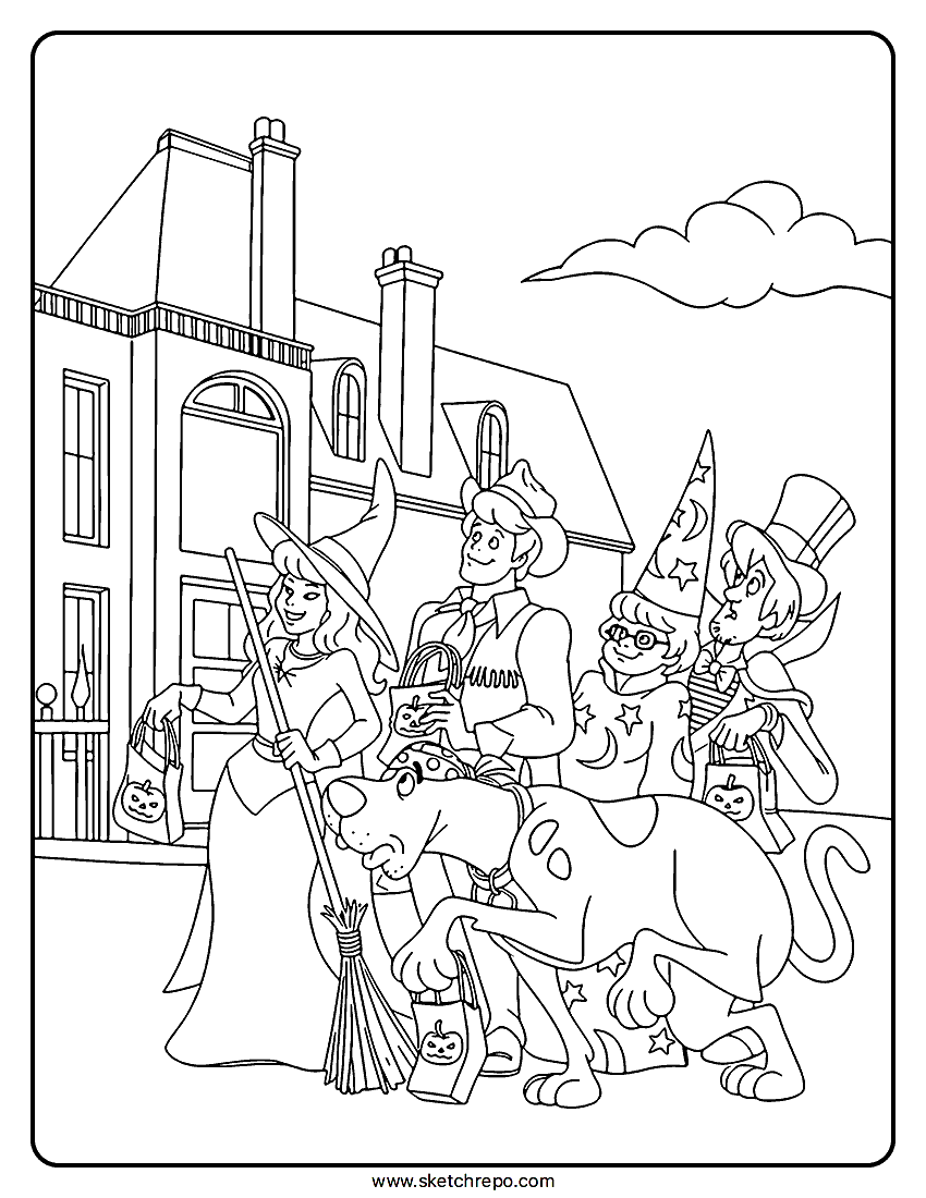 In this Scooby Doo Halloween coloring sheet we have the squad dressed and ready for trick-or-treating outside a mansion.