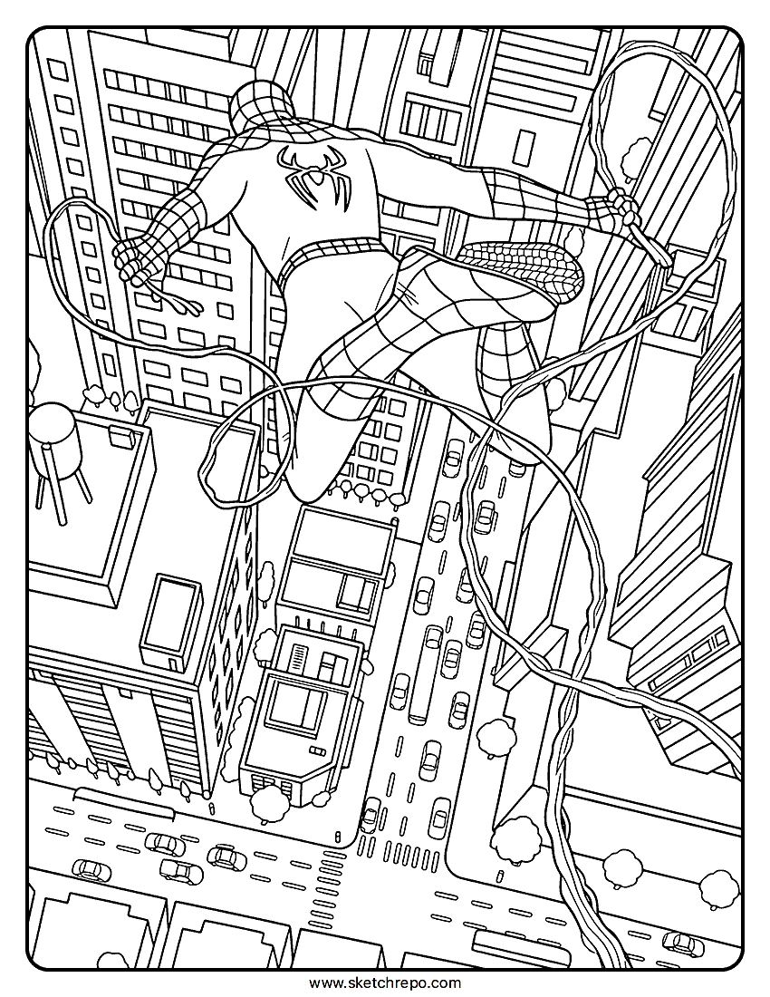 Spider Man Jumping Of Building Coloring Page