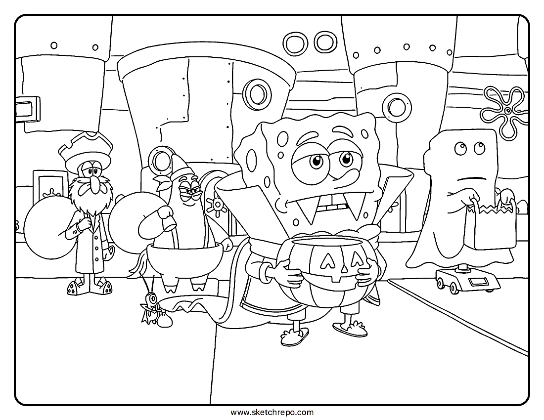 This Spongebob Halloween coloring page has everyone dressed for Halloween and ready for trick-or-treating.