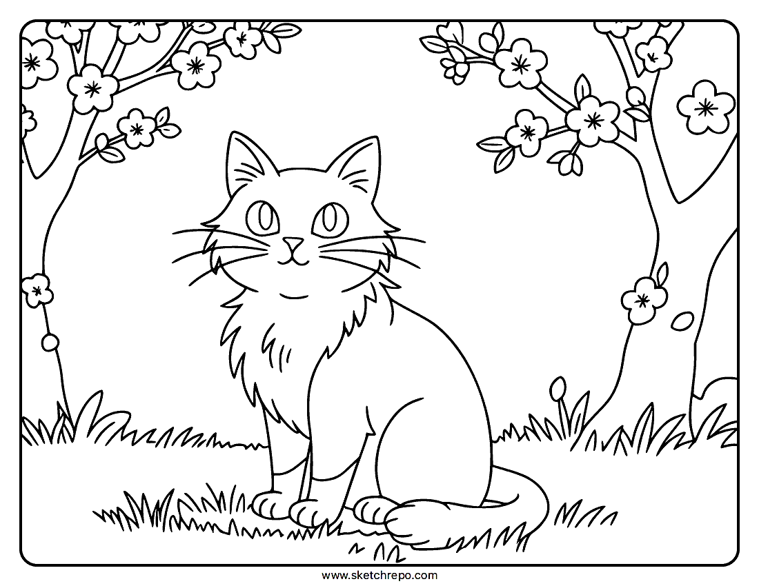 Spring Cat Coloring Page