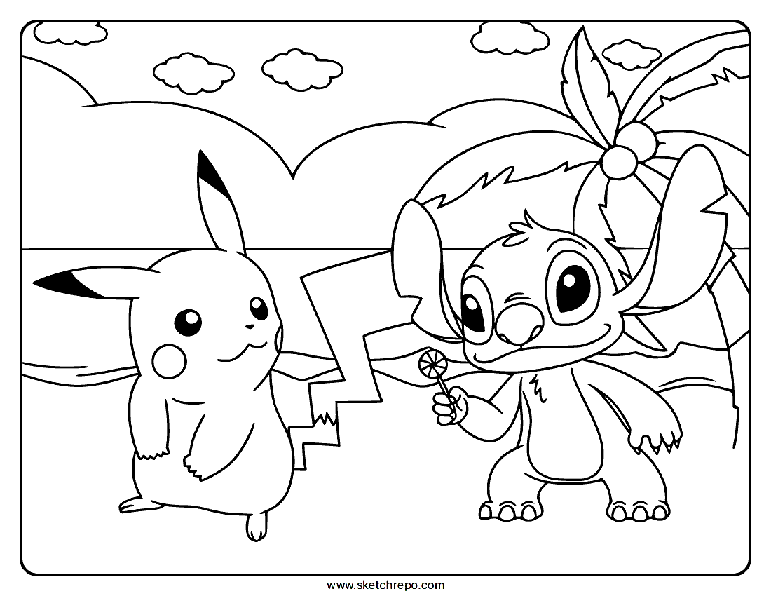 Stitch and Pikachu Coloring Page