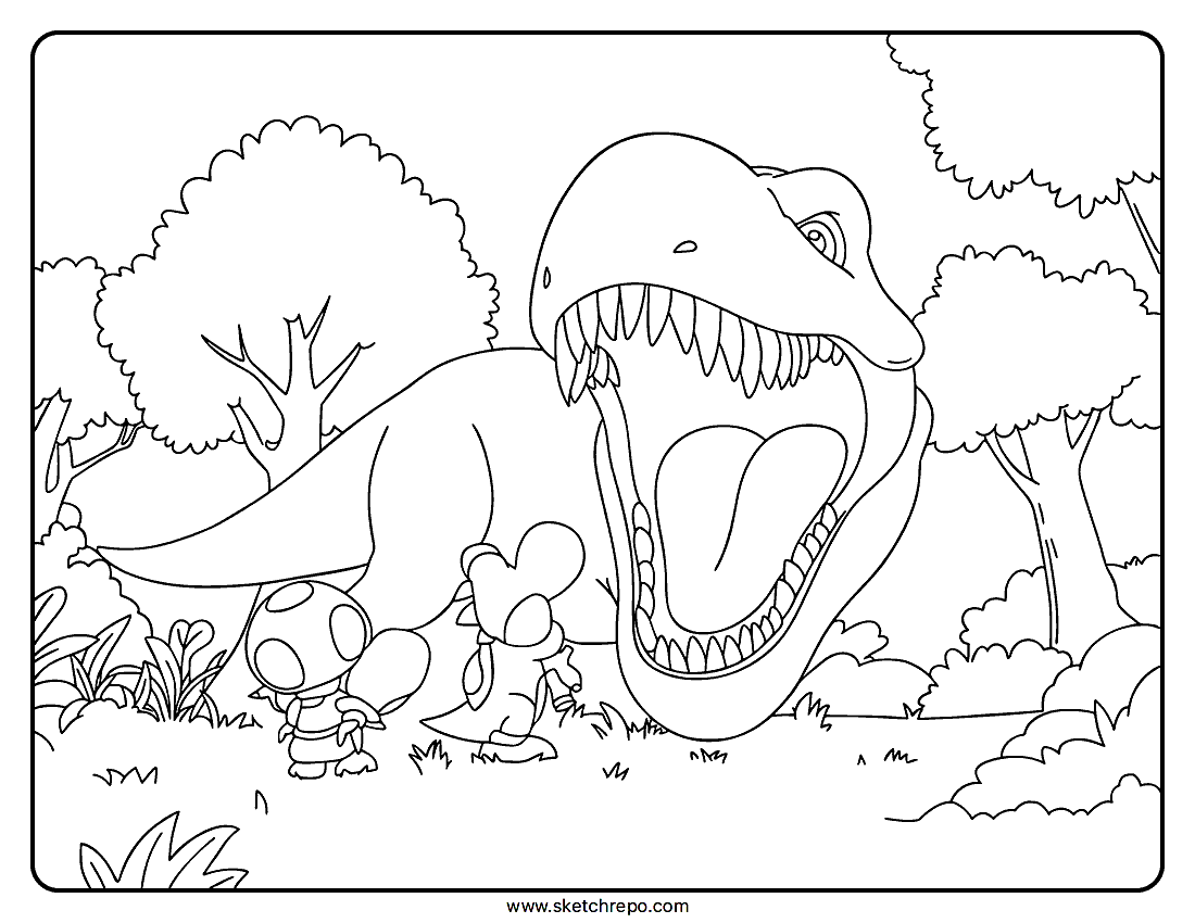 Super Mario Galaxy Movie: Baby Mario, Baby Luigi, Yoshi & Toad vs. Dinosaur Coloring Page