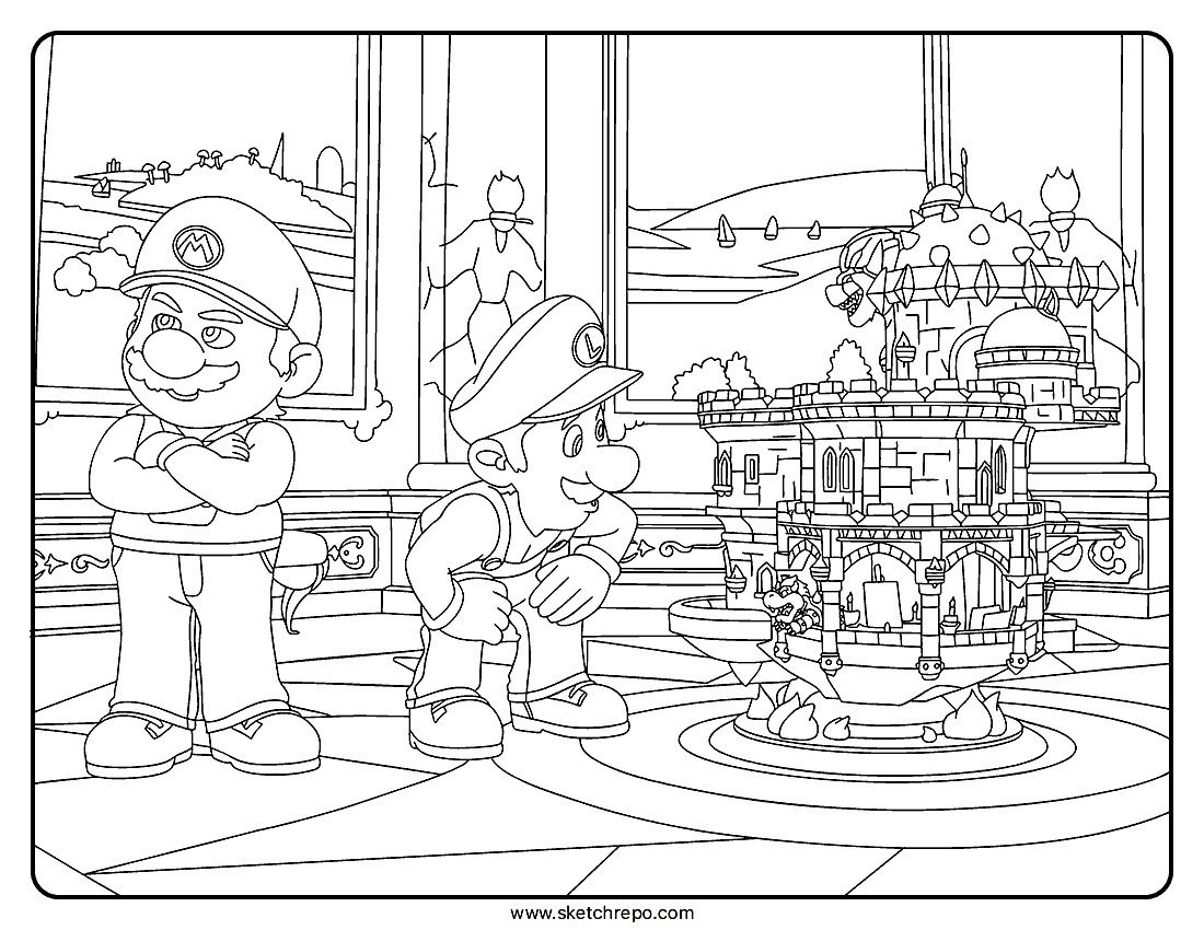 Super Mario Galaxy Movie: Mario & Luigi Next to Bowser Castle Coloring Page