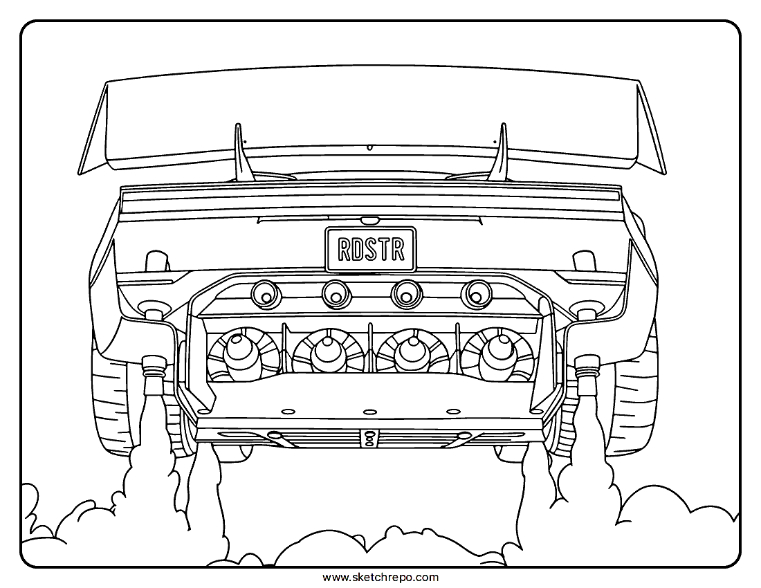 Coloring page of a Tesla Roadster seen from the back, as it’s starting to take off.