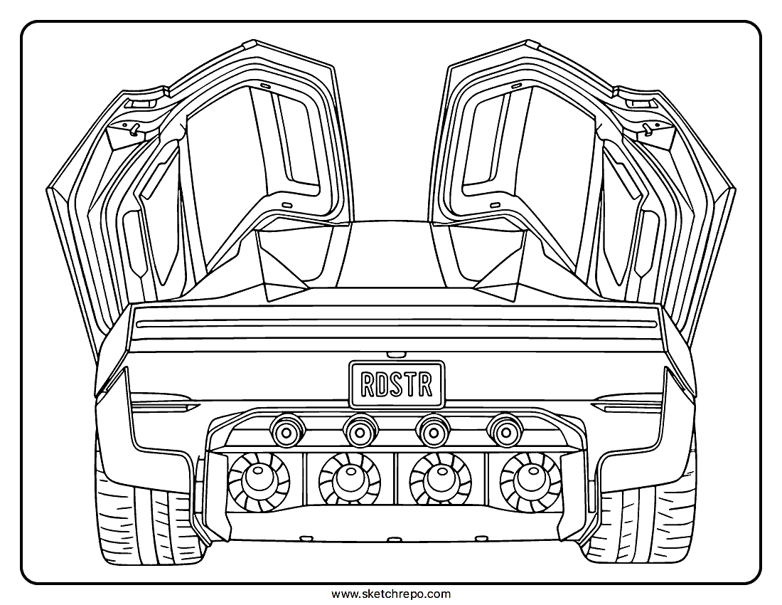 Coloring page showing the back of a Tesla Roadster with its doors up. The four fans and four rear thrusters are visible.