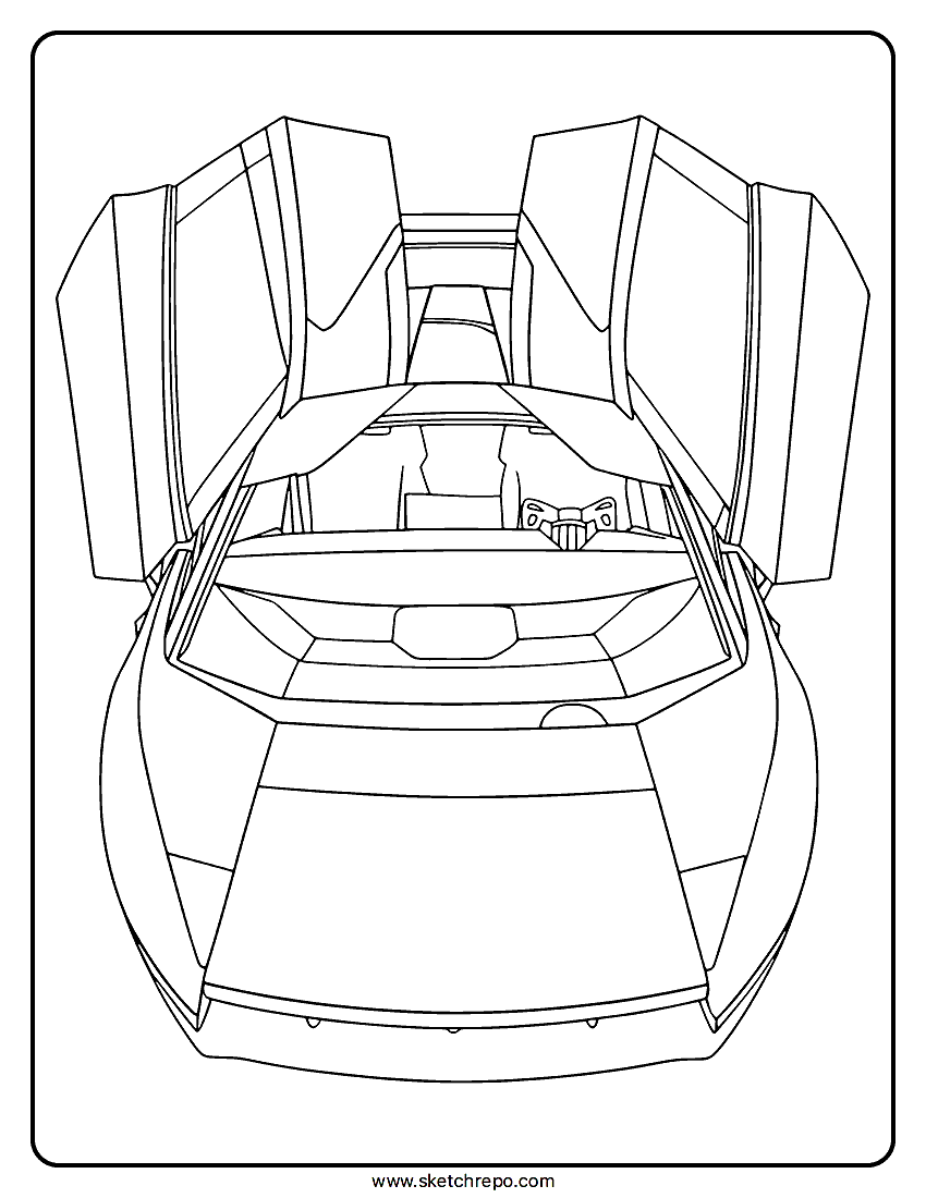 Coloring page of a Tesla Roadster from a high-angle front view, showing the open doors and the interior layout.