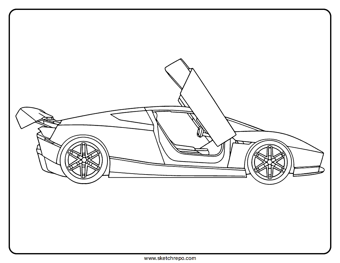 Coloring page of a Tesla Roadster in a profile view with the doors open.