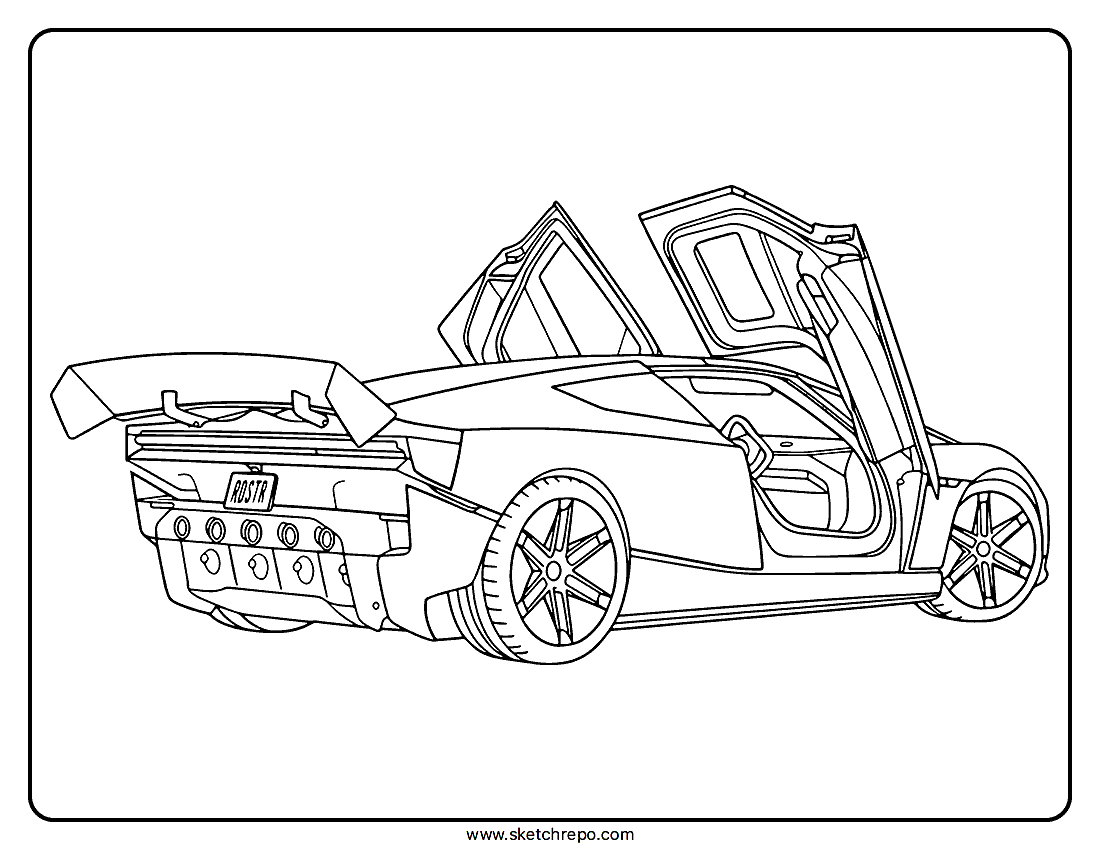 A line art coloring page of a Tesla Roadster, shown from a rear three-quarter perspective with its doors up. The interior of the car is partially visible through the open door.
