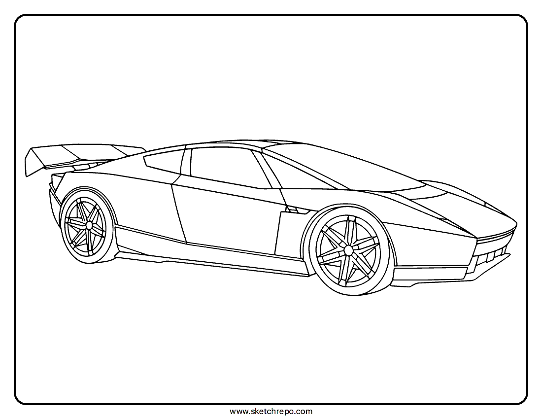 Tesla Roadster coloring page, eye-level, three-quarter view.