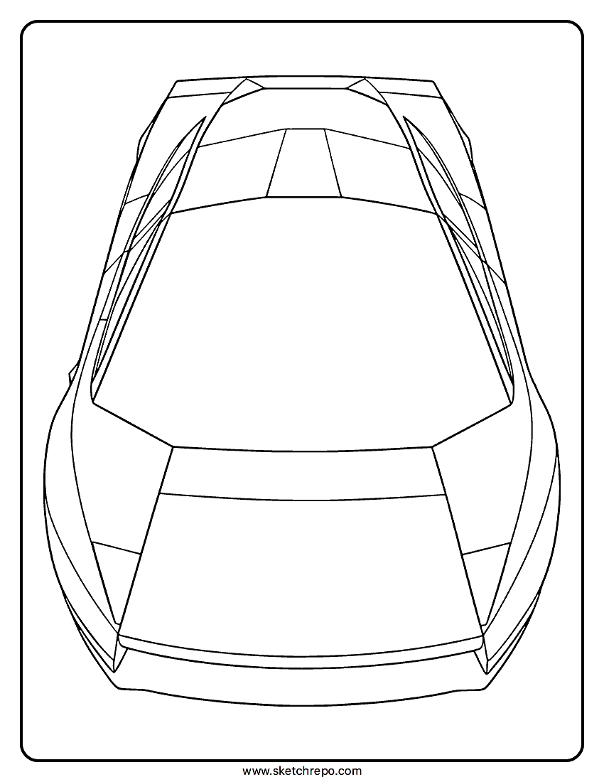 A high-angle front view of a Tesla Roadster designed as a black-and-white coloring page.