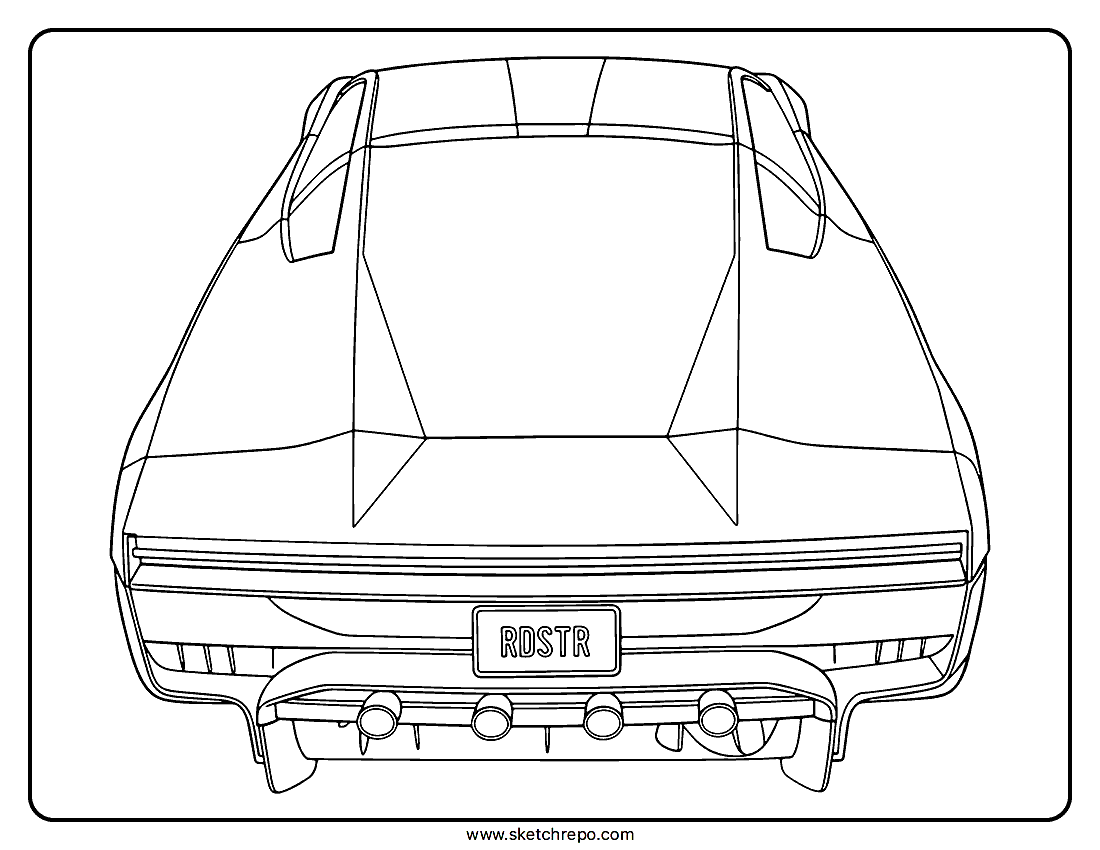 A coloring page of a Tesla Roadster viewed from an elevated perspective looking down at the rear of the car.