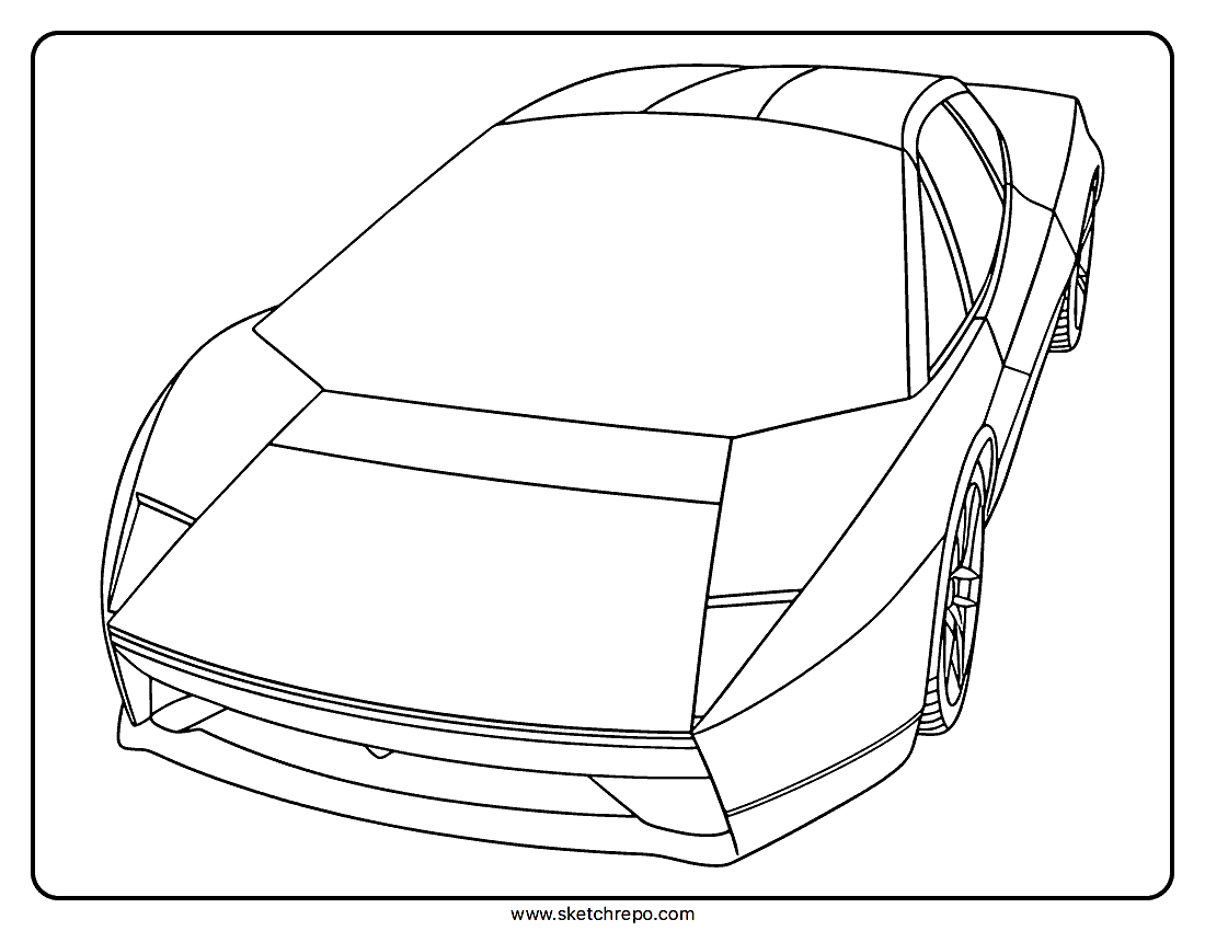 A coloring page of a Tesla Roadster from a high-angle, three-quarter view.