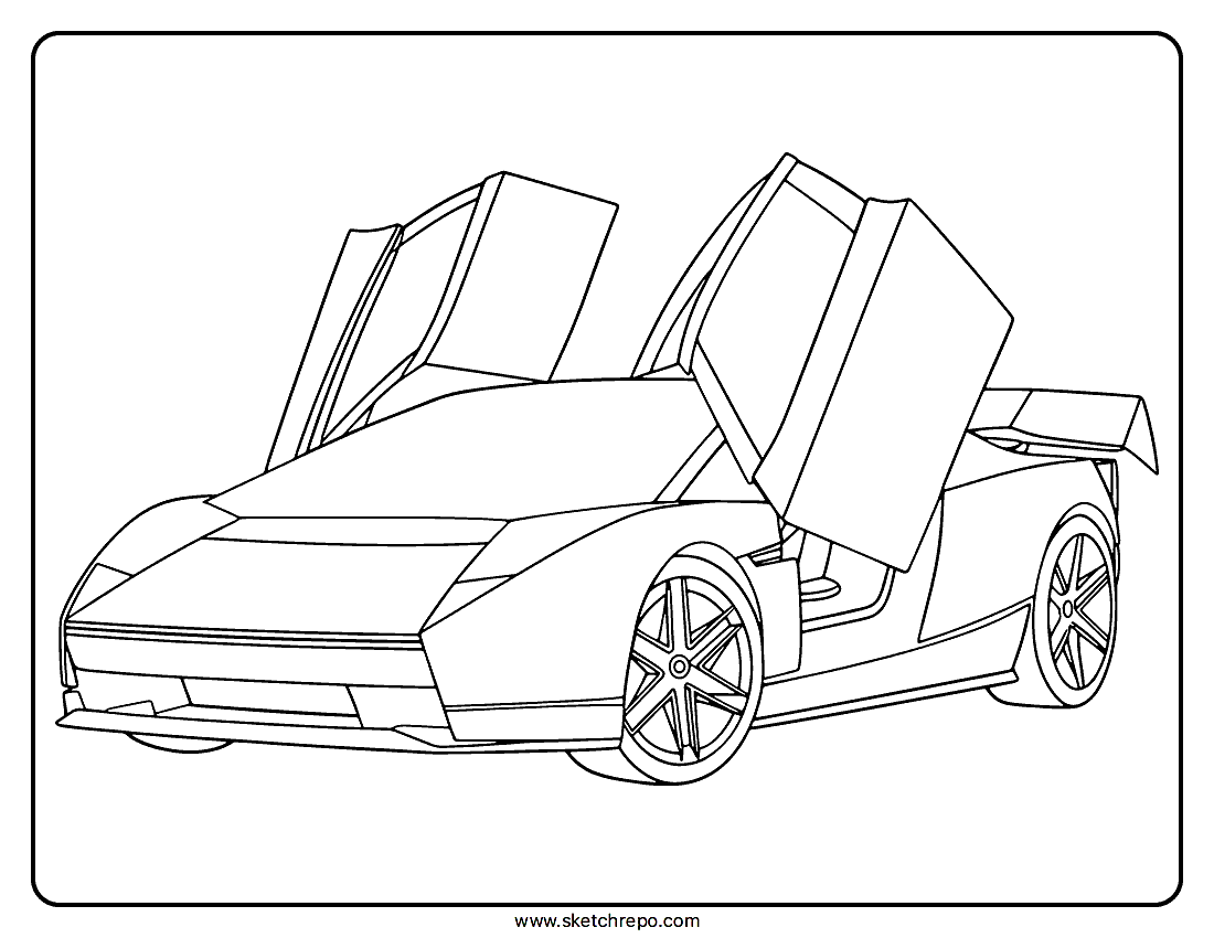 Coloring page of a Tesla Roadster with its doors open, shown from a three-quarter view.
