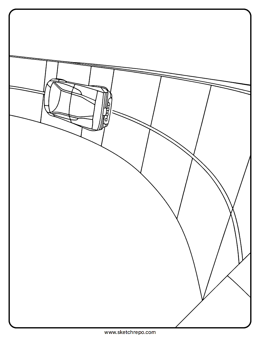 Coloring page of the Roadster showing it driving upside down on a curved ramp.