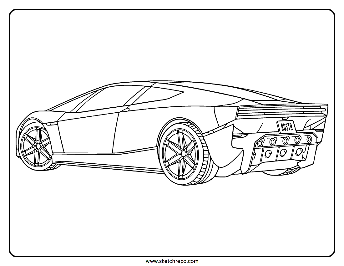 A black and white line art coloring page featuring a Tesla Roadster, shown from a rear three-quarter perspective.