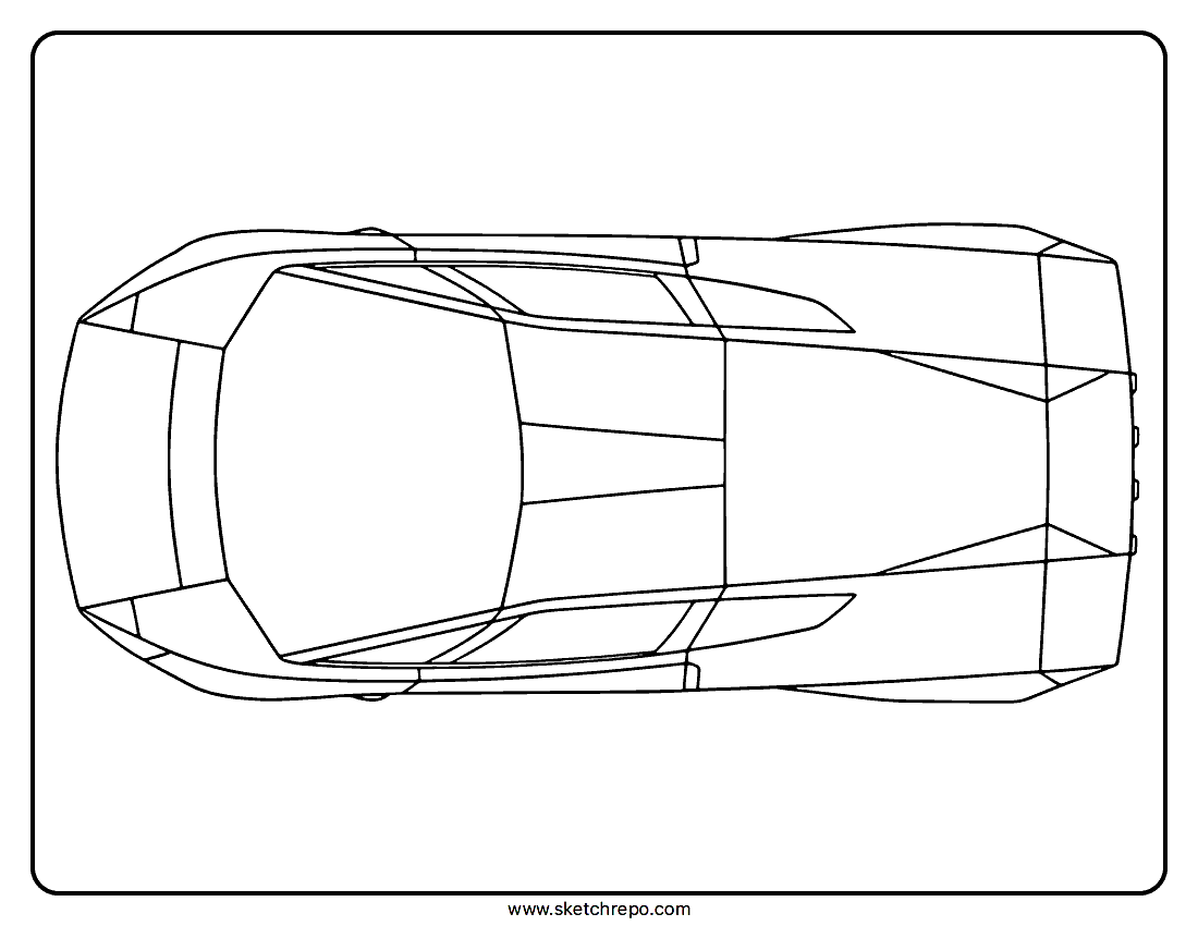 A coloring page of a Tesla Roadster viewed from a bird’s-eye perspective looking straight down at the car.
