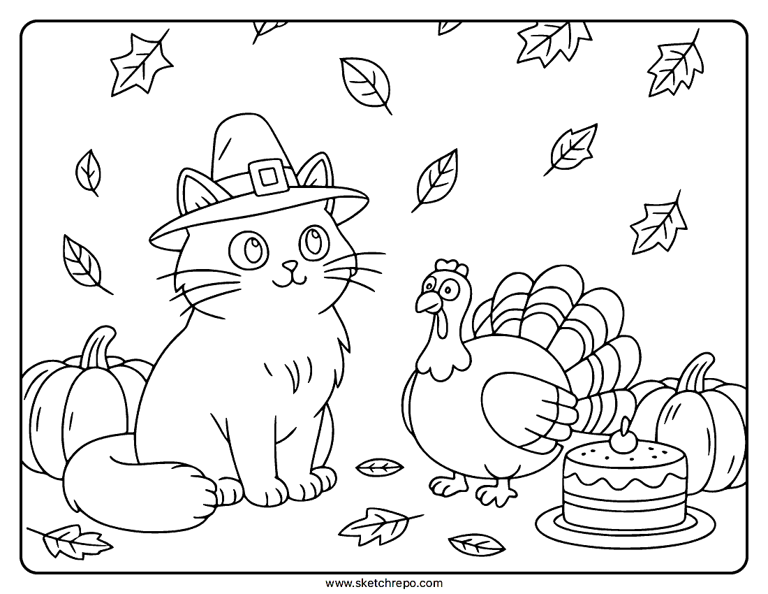 Thanksgiving Cat Coloring Page