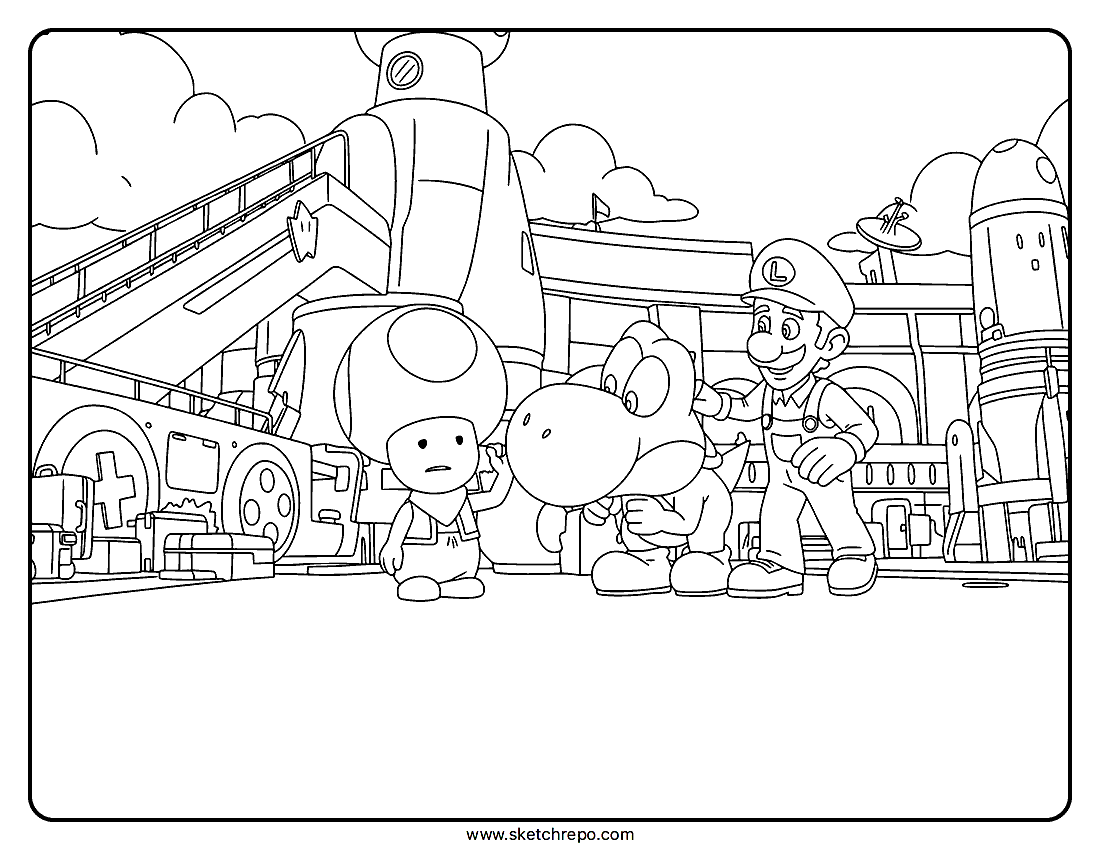 Toad, Yoshi & Luigi Coloring Page