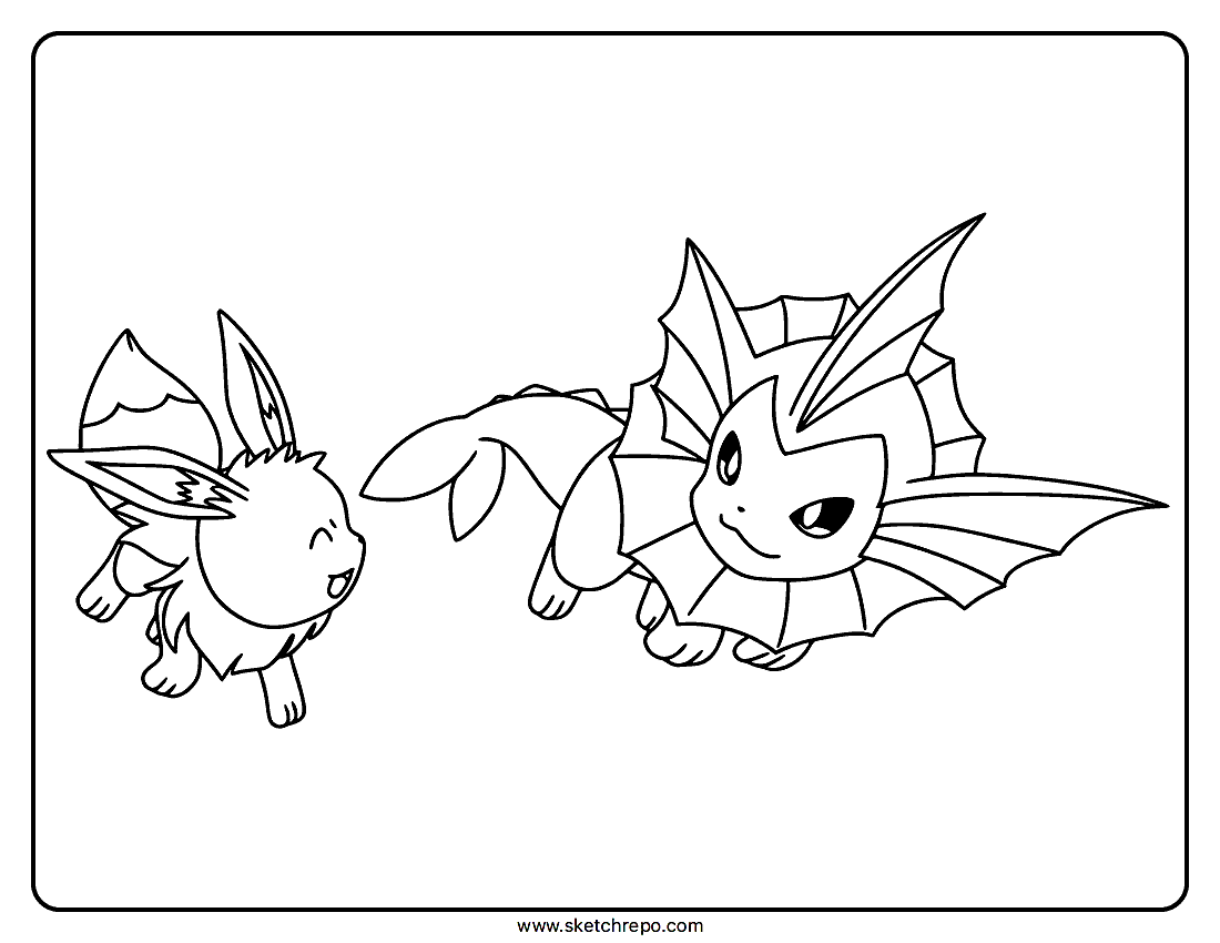 Water Eevee and Vaporeon Coloring Page