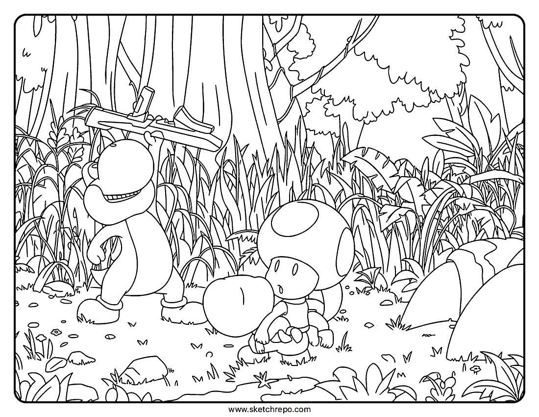 Yoshi, Toad, Baby Mario & Luigi Coloring Page